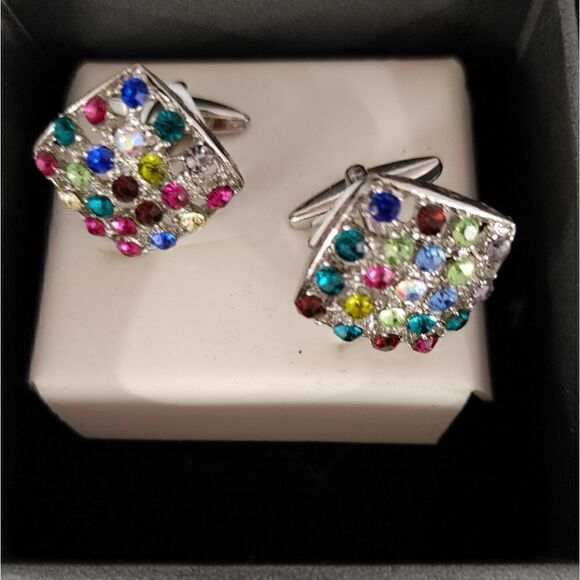 MEN'S DESIGNER EJ SAMUELS MULTI COLOR JEWEL RHINESTONE CUFFLINK WITH SILVER BASE - Picture 2 of 6